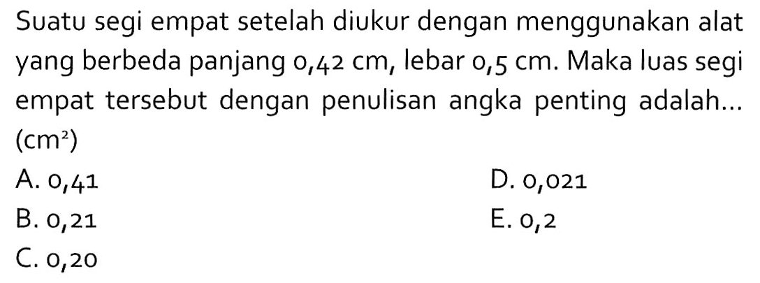 Suatu segi empat setelah diukur dengan menggunakan alat yang berbeda panjang 0,42 cm, lebar 0,5 cm. Maka luas segi empat tersebut dengan penulisan angka penting adalah:. (cm^2)