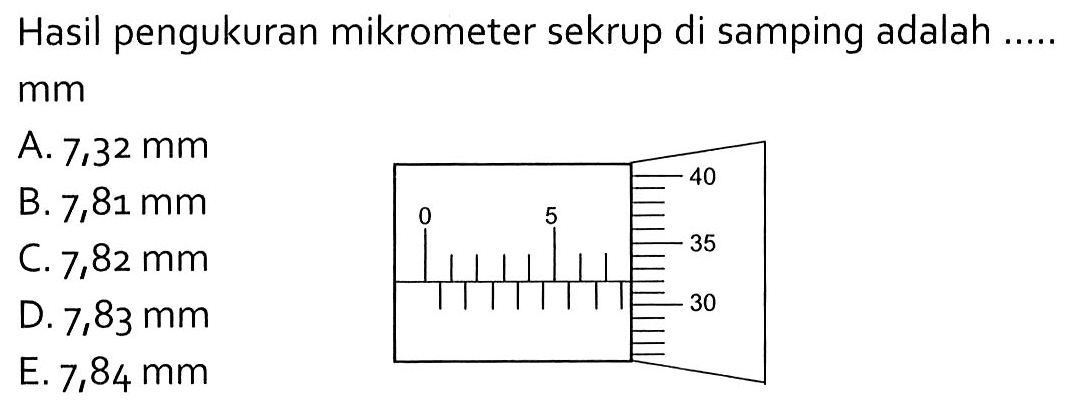 Hasil pengukuran mikrometer sekrup di samping adalah .... mm 0 5 40 35 30