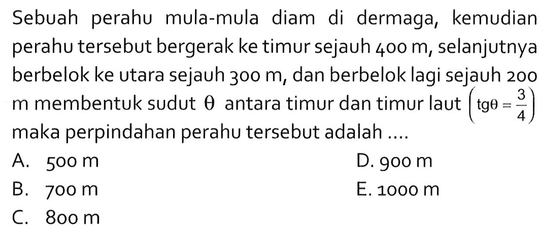 Sebuah perahu mula-mula diam di dermaga, kemudian perahu tersebut bergerak ke timur sejauh 400 m, selanjutnya berbelok ke utara sejauh 300 m, dan berbelok lagi sejauh 200 m membentuk sudut theta antara timur dan timur laut (tg theta = 3/4) maka perpindahan perahu tersebut adalah ...