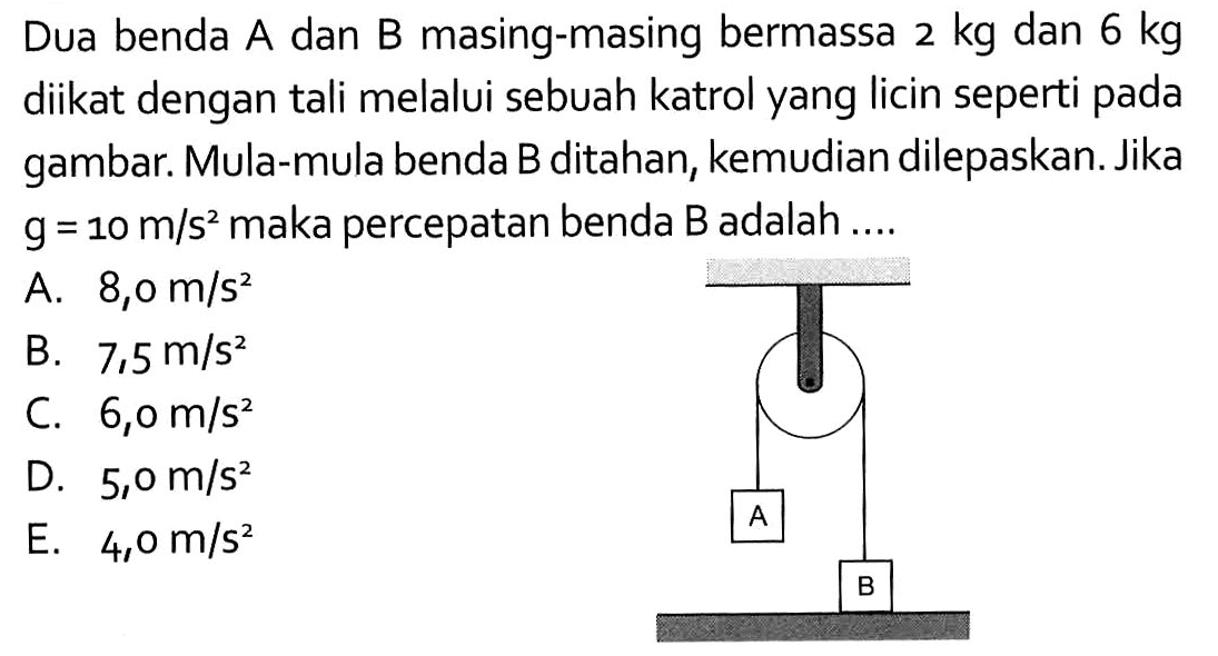 Dua benda A dan B masing-masing bermassa 2 kg dan 6 kg diikat dengan tali melalui sebuah katrol yang licin seperti pada gambar. Mula-mula benda B ditahan, kemudian dilepaskan. Jika g=10 m/s^2  maka percepatan benda B adalah ....