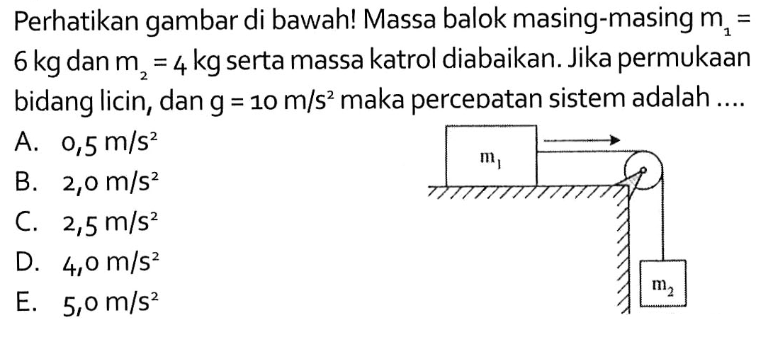 Perhatikan gambar di bawah! Massa balok masing-masing  m1=   6 kg  dan  m2=4 kg  serta massa katrol diabaikan. Jika permukaan bidang licin, dan  g=10 m/s^2  maka percepatan sistem adalah ....