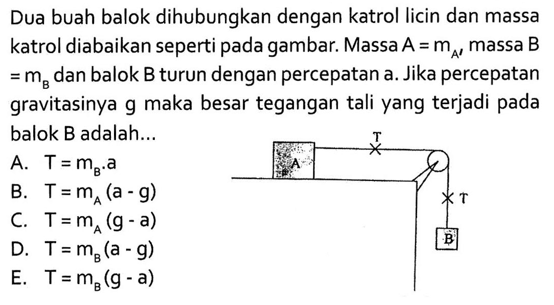 Dua buah balok dihubungkan dengan katrol licin dan massa katrol diabaikan seperti pada gambar. Massa A=mA massa B=mB dan balok B turun dengan percepatan a. Jika percepatan gravitasinya g maka besar tegangan tali yang terjadi pada balok B adalah...