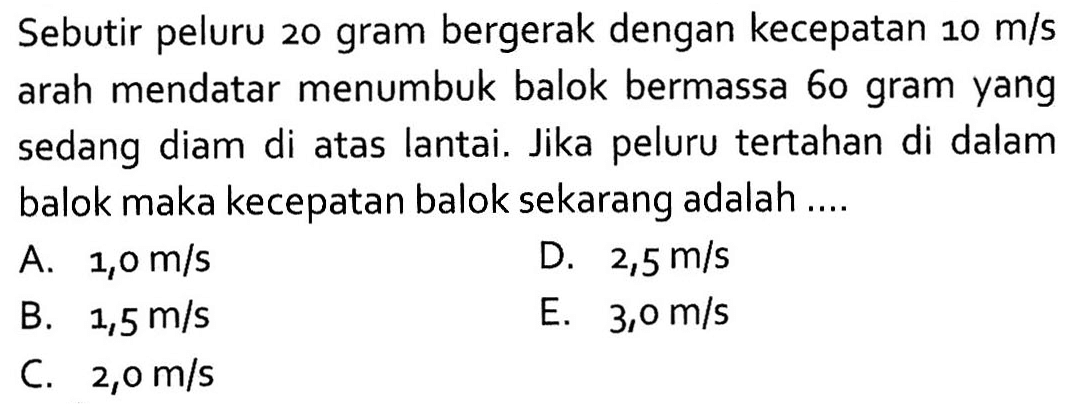 Sebutir peluru 20 gram bergerak dengan kecepatan 10 m/s arah mendatar menumbuk balok bermassa 60 gram yang sedang diam di atas lantai. Jika peluru tertahan di dalam balok maka kecepatan balok sekarang adalah.... 