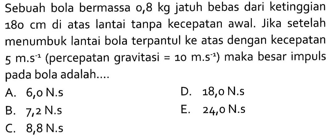 Sebuah bola bermassa 0,8 kg jatuh bebas dari ketinggian 180 cm di atas lantai tanpa kecepatan awal. Jika setelah menumbuk lantai bola terpantul ke atas dengan kecepatan 5 m.s^(-1) (percepatan gravitasi =10 m.s^(-1) ) maka besar impuls pada bola adalah....