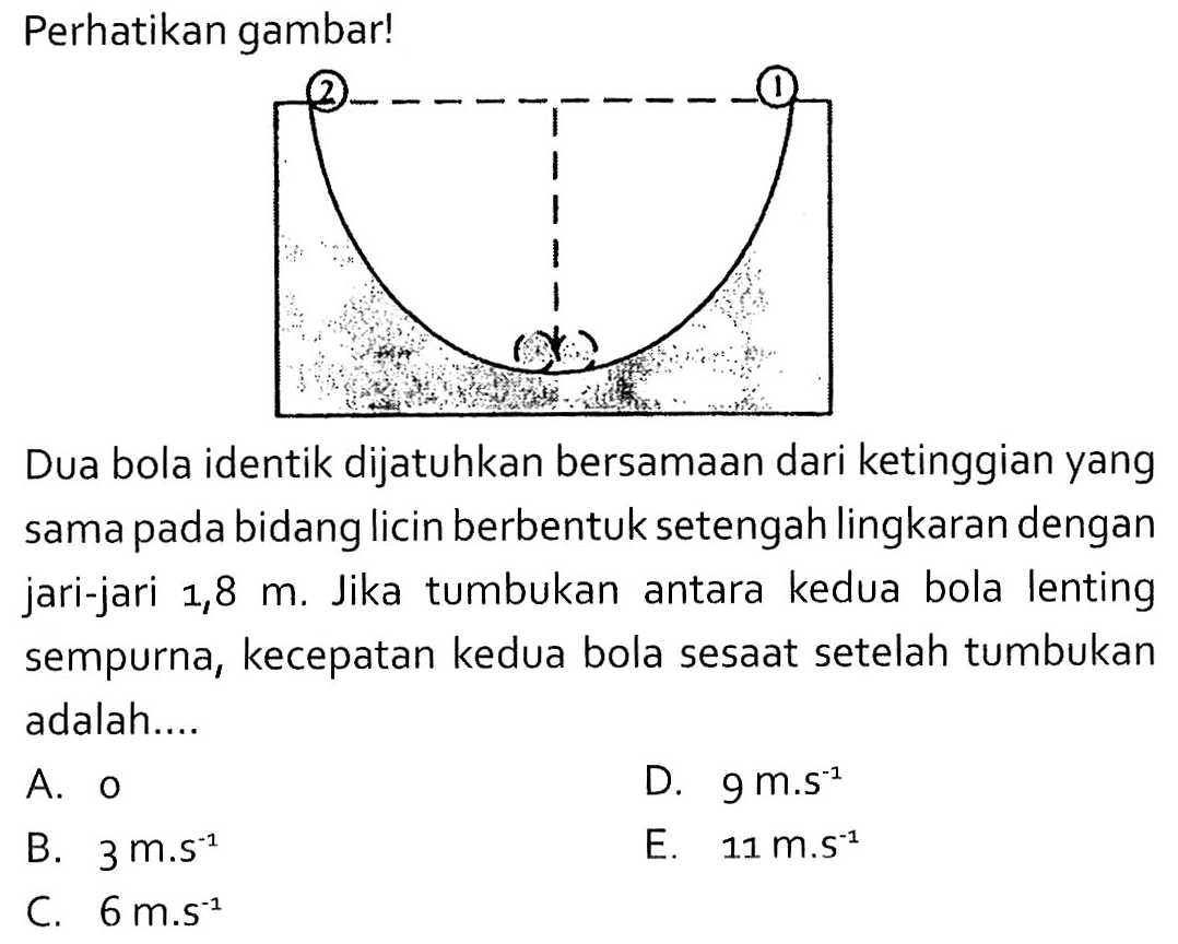 Perhatikan gambar!Dua bola identik dijatuhkan bersamaan dari ketinggian yang sama pada bidang licin berbentuk setengah lingkaran dengan jari-jari 1,8 m. Jika tumbukan antara kedua bola lenting sempurna, kecepatan kedua bola sesaat setelah tumbukan adalah....A. 0D. 9 m.s^-1B. 3 m.s^-1E. 11 m.s^-1C. 6 m.s^-1