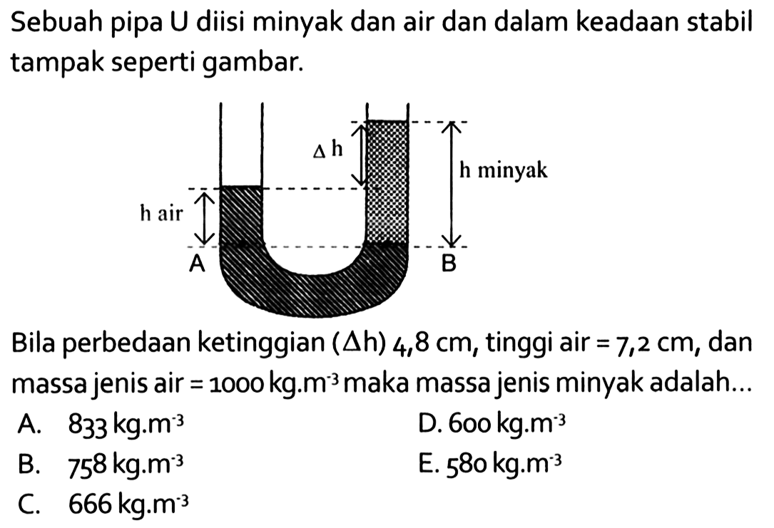 Sebuah pipa U diisi minyak dan air dan dalam keadaan stabil tampak seperti gambar.h air A delta h h minyak B Bila perbedaan ketinggian (delta h) 4,8 cm, tinggi air=7,2 cm, dan massa jenis air=1000 kg.m^-3 maka massa jenis minyak adalah...