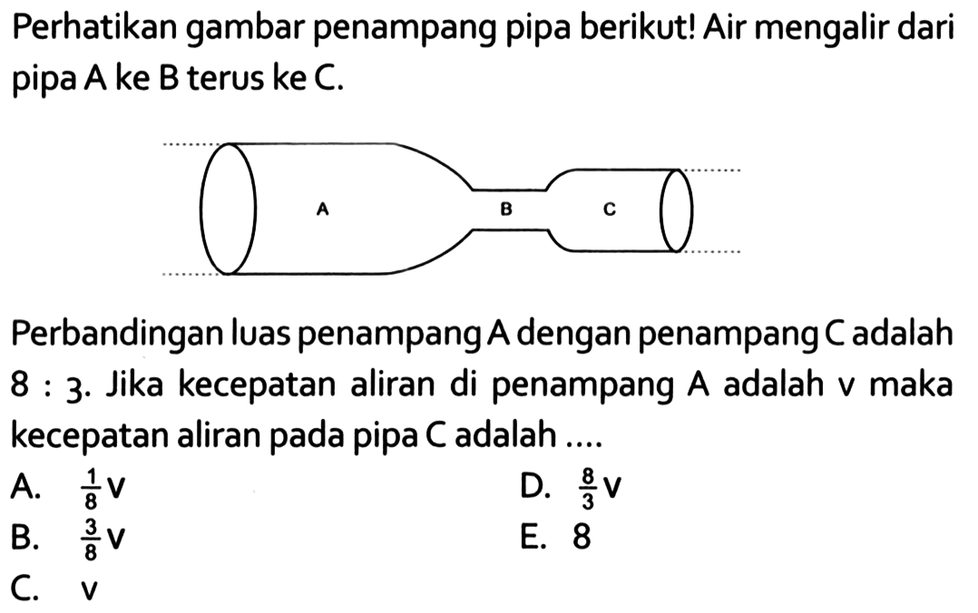 Perhatikan gambar penampang pipa berikut! Air mengalir dari pipa A ke B terus ke C.A B CPerbandingan luas penampang A dengan penampang C adalah 8:3. Jika kecepatan aliran di penampang A adalah v maka kecepatan aliran pada pipa C adalah ....