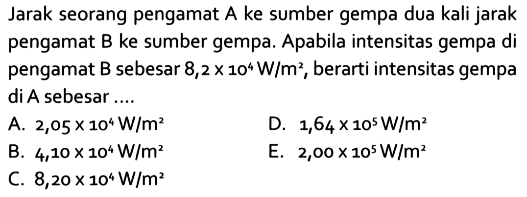 Jarak seorang pengamat A ke sumber gempa dua kali jarak pengamat B ke sumber gempa. Apabila intensitas gempa di pengamat B sebesar 8,2x10^4 W/m^2, berarti intensitas gempa di A sebesar....