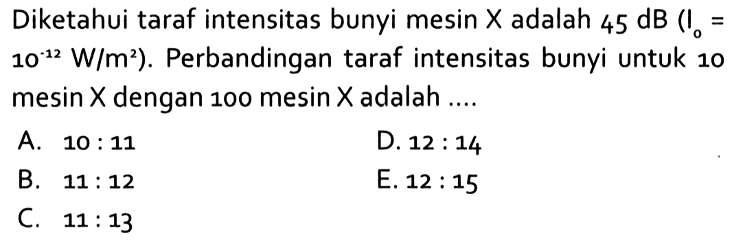 Diketahui taraf intensitas bunyi mesin X adalah 45 dB (I0=10^(-12) W/m^2). Perbandingan taraf intensitas bunyi untuk 10 mesin  X  dengan 100 mesin  X  adalah ....
