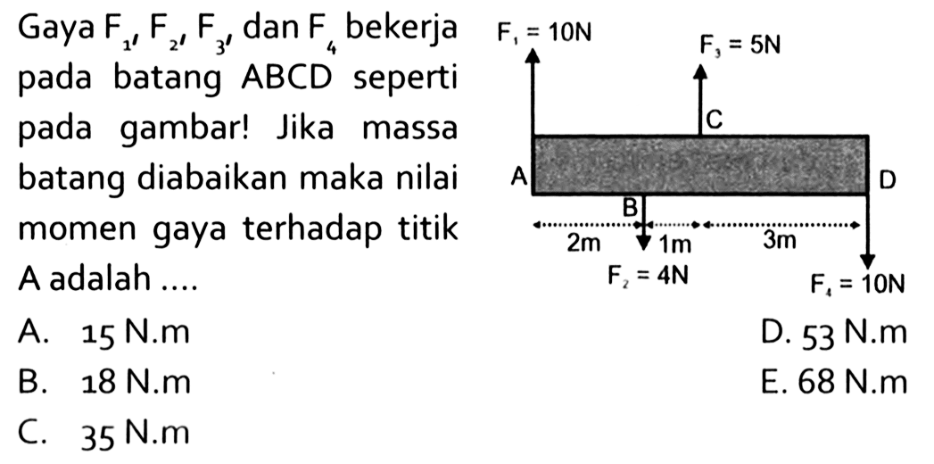 Gaya F1, F2, F3, dan F4 bekerja pada batang ABCD seperti pada gambar! Jika massa batang diabaikan maka nilai momen gaya terhadap titik A adalah .... F1=10N F3=5N A B C D 2m 1m 3m F2=4N F4=10N 