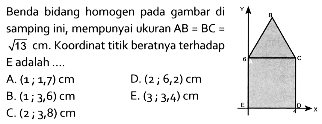 Benda bidang homogen pada gambar di samping ini, mempunyai ukuran AB=BC=akar(13) cm. Koordinat titik beratnya terhadap E adalah .... A. (1 ; 1,7) cm B. (1 ; 3,6) cm C. (2 ; 3,8) cm D. (2 ; 6,2) cm E. (3 ; 3,4) cm 