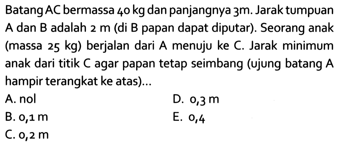 Batang AC bermassa 4o kg dan panjangnya 3m. Jarak tumpuan A dan B adalah 2 m (di B papan dapat diputar). Seorang anak (massa 25 kg) berjalan dari A menuju ke C. Jarak minimum anak dari titik C agar papan tetap seimbang (ujung batang A hampir terangkat ke atas)...