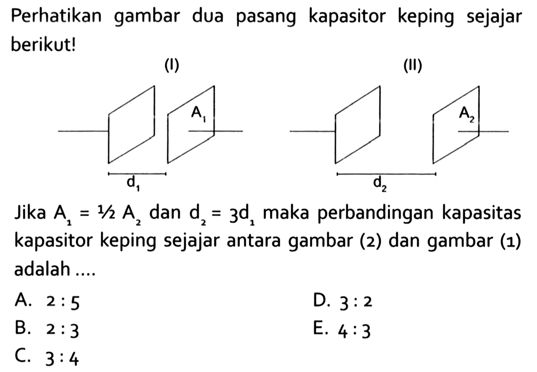 Perhatikan gambar dua pasang kapasitor keping sejajar berikut! Jika A = 1/2 A dan d = 3d, maka perbandingan kapasitas kapasitor keping sejajar antara gambar (2) dan gambar (1) adalah