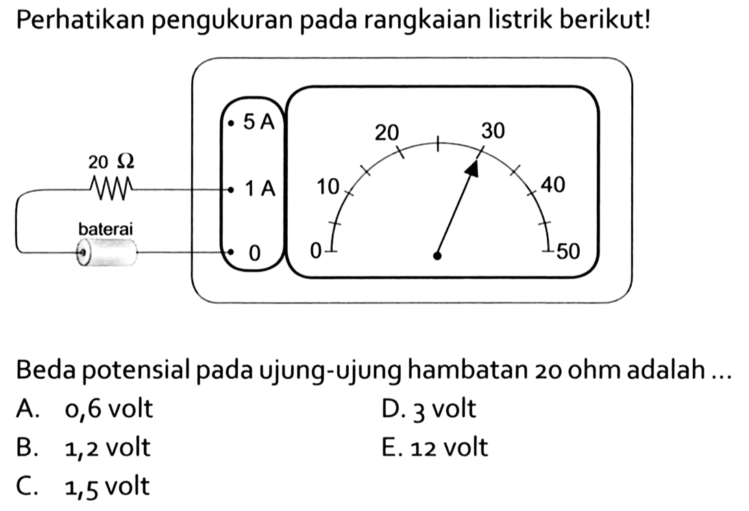 Perhatikan pengukuran rangkaian listrik berikut! 20 Ohm baterai Beda potensial pada ujung-ujung hambatan 20 ohm adalah ... 