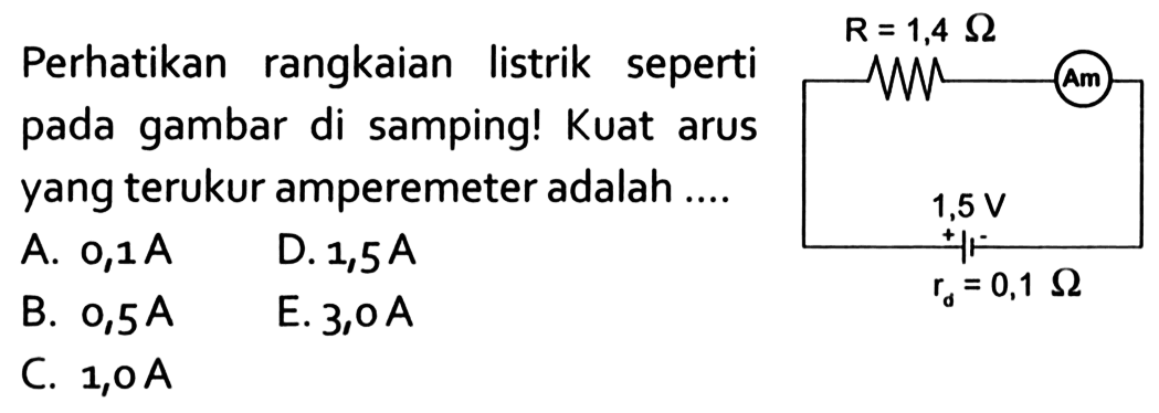 Perhatikan rangkaian listrik seperti pada gambar di samping! Kuat arus yang terukur amperemeter adalah.... R=1,4 Ohm 1,5 V rd=0,1 Ohm  A. 0,1 A B. 0,5 A C. 1,0 A D. 1,5 A E. 3,0 A 