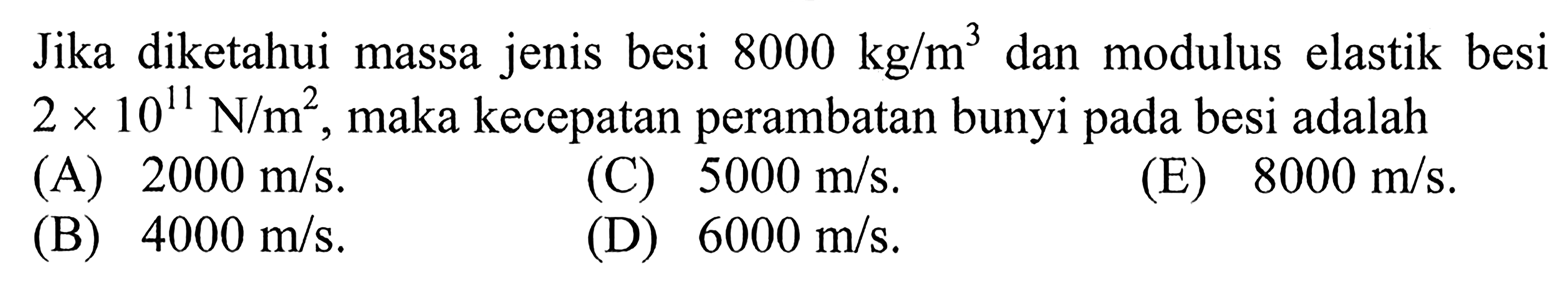 Jika diketahui massa jenis besi 8000 kg/m^3 dan modulus elastik besi 2 x 10^11 N/m^2, maka kecepatan perambatan bunyi pada besi adalah