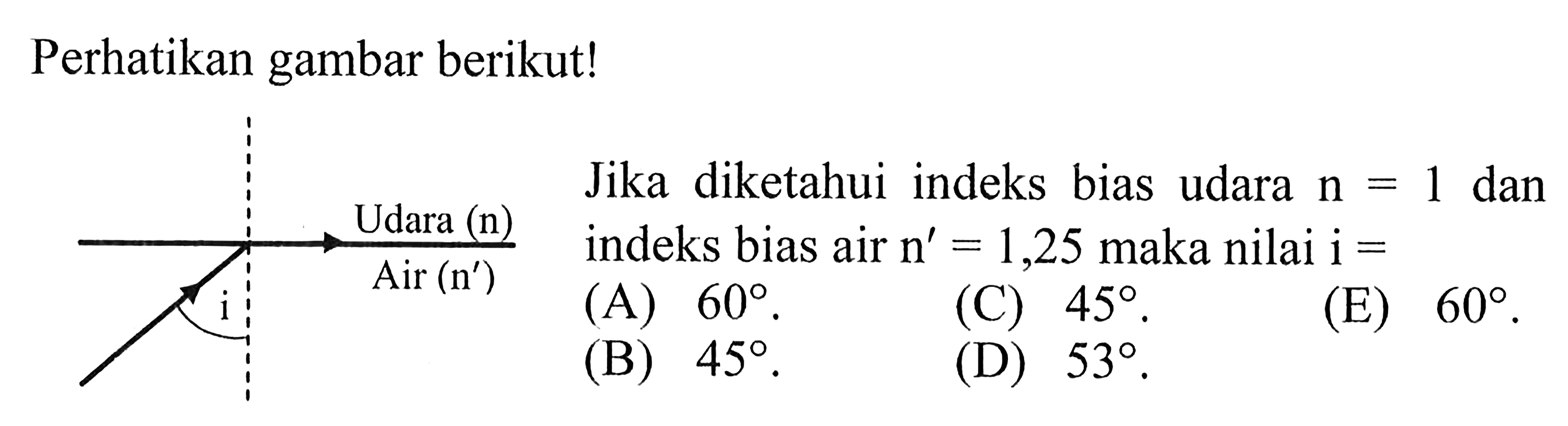 Perhatikan gambar berikut! udara (n) Air (n') i Jika diketahui indeks bias udara n=1 dan indeks bias air n'=1,25 maka nilai i=