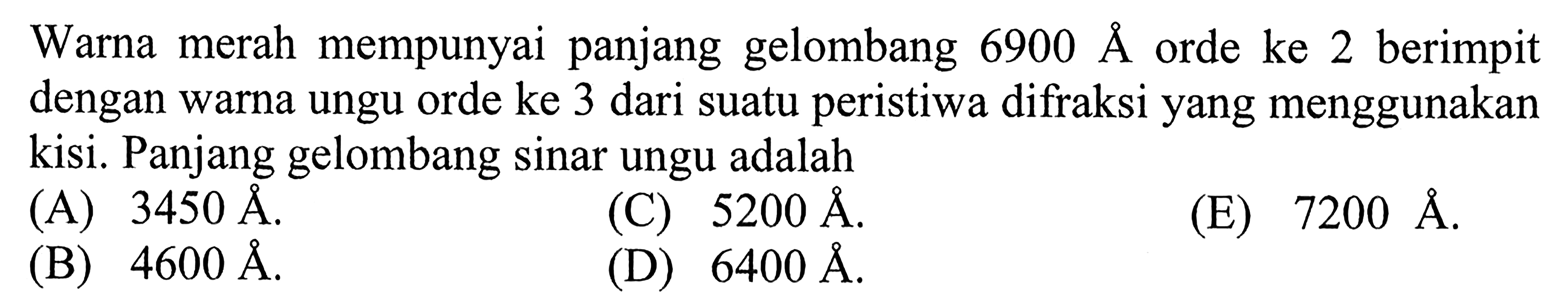 Warna merah mempunyai panjang gelombang  6900 A orde ke 2 berimpit dengan warna ungu orde ke 3 dari suatu peristiwa difraksi yang menggunakan kisi. Panjang gelombang sinar ungu adalah