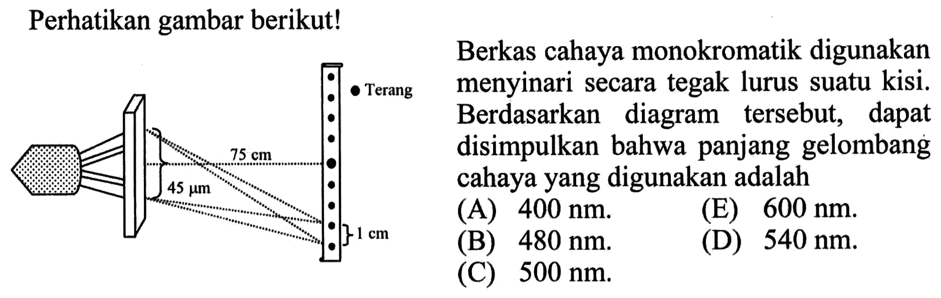 Perhatikan gambar berikut! 45 mu m 75 cm 1 cm Berkas cahaya monokromatik digunakan menyinari secara tegak lurus suatu kisi. Berdasarkan diagram tersebut, dapat disimpulkan bahwa panjang gelombang cahaya yang digunakan adalah