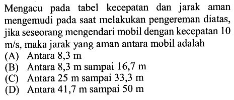 Mengacu pada tabel kecepatan dan jarak aman mengemudi pada saat melakukan pengereman diatas, jika seseorang mengendari mobil dengan kecepatan 10 m/s, maka jarak yang aman antara mobil adalah (A) Antara 8,3 m (B) Antara 8,3 m sampai 16,7 m  (C) Antara 25 m sampai 33,3 m (D) Antara 41,7 m sampai 50 m 