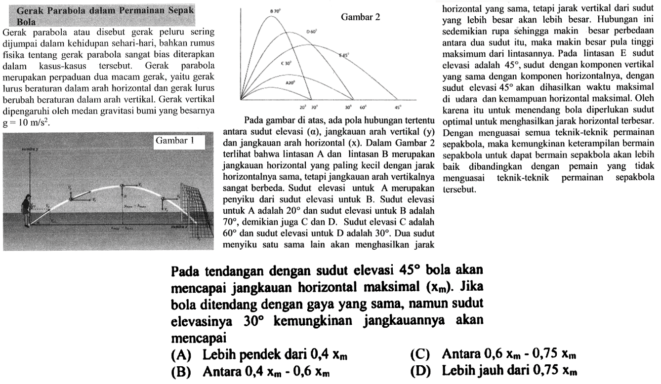 Pada tendangan dengan sudut elevasi 45° bola akan mencapai jangkauan horizontal maksimal (Xm). Jika bola ditendang dengan gaya yang sama, namun sudut elevasinya 30° kemungkinan jangkauannya akan mencapai 