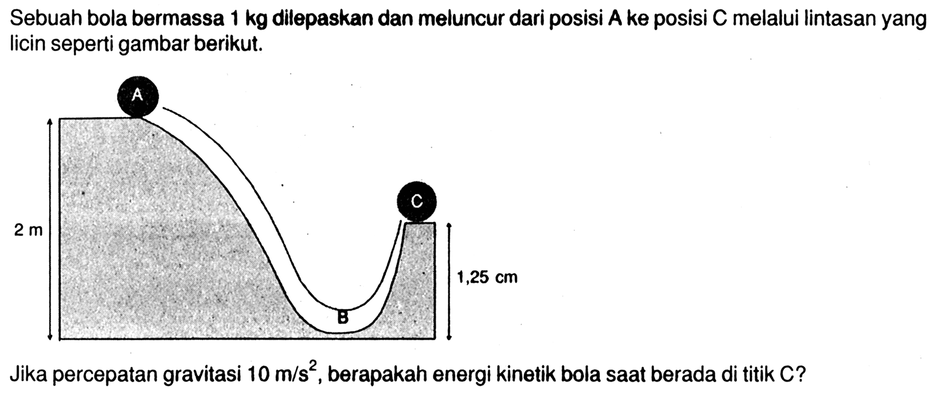 Sebuah bola bermassa 1 kg dilepaskan dan meluncur dari posisi A ke posisi C melalui lintasan yang licin seperti gambar berikut. A C 2 m 1,25 cm B Jika percepatan gravitasi 10 m/s^2, berapakah energi kinetik bola saat berada di titik C?