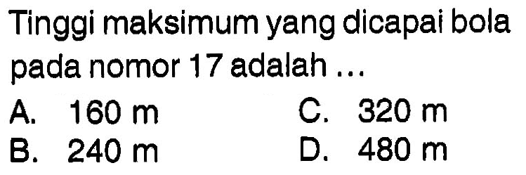 Tinggi maksimum yang dicapai bola pada nomor 17 adalah ...
 