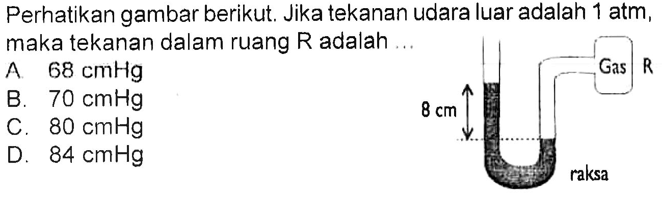 Perhatikan gambar berikut. Jika tekanan udara luar adalah 1 atm, maka tekanan dalam ruang R adalah ...8 cm Gas R raksa.