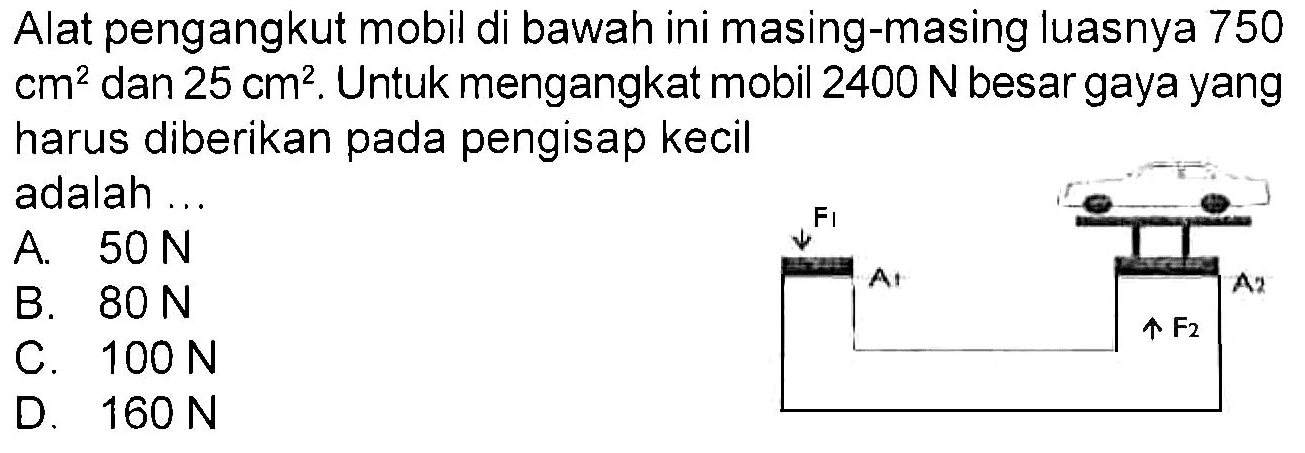 Alat pengangkut mobil di bawah ini masing-masing luasnya 750  cm^2  dan  25 cm^2 . Untuk mengangkat mobil  2400 N  besar gaya yang harus diberikan pada pengisap kecil adalah ...F1 A1 A2 F2 