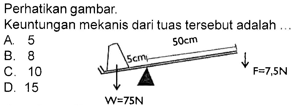 Perhatikan gambar.Keuntungan mekanis dari tuas tersebut adalah ...