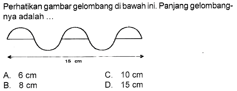 Perhatikan gambar gelombang di bawah ini. Panjang gelombangnya adalah ... 15 cm