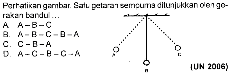 Perhatikan gambar. Satu getaran sempurna ditunjukkan oleh gerakan bandul ...A B C(UN 2006)