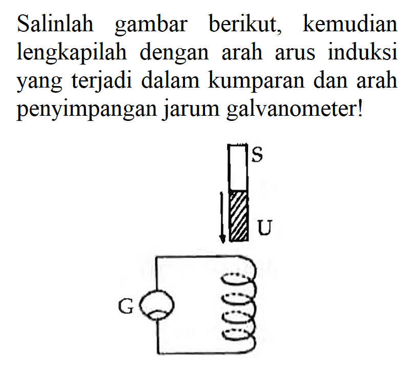 Salinlah gambar berikut, kemudian lengkapilah dengan arah arus induksi yang terjadi dalam kumparan dan arah penyimpangan jarum galvanometer!
S U G