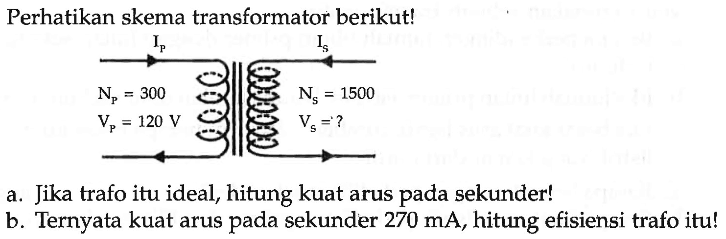 Perhatikan skema transformator berikut!
if is
np=300 ns=1500
vp=120 v vs=?
a. Jika trafo itu ideal, hitung kuat arus pada sekunder!
b. Ternyata kuat arus pada sekunder  270 mA , hitung efisiensi trafo itu!