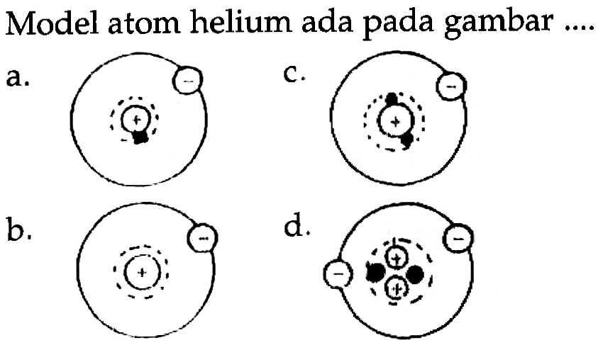 Model atom helium ada pada gambar ....
a. + -
b. + -
d. + + - - 
c. + - 