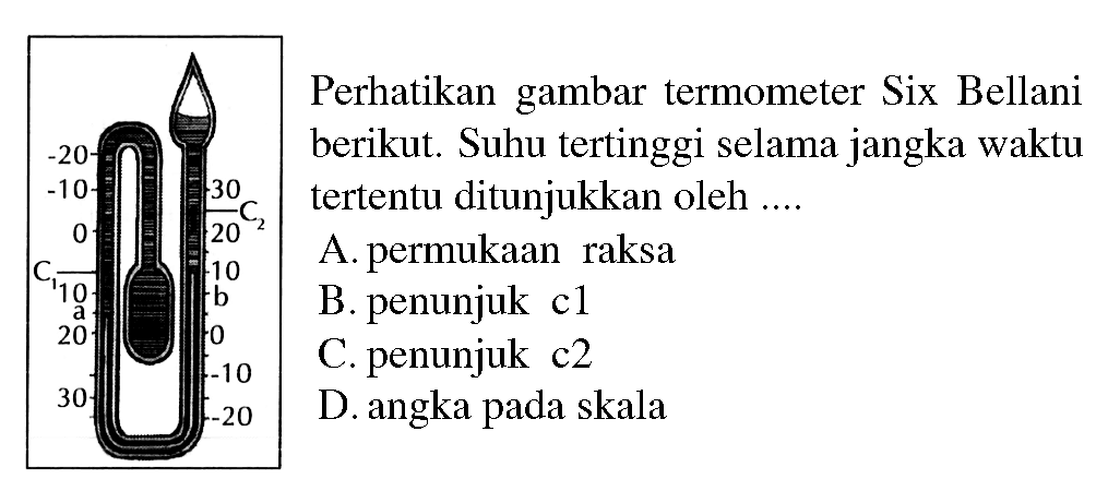 -20 -10 0 10 20 30 C1 C2 a b 30 20 10 0 -10 -20
Perhatikan gambar termometer Six Bellani berikut. Suhu tertinggi selama jangka waktu tertentu ditunjukkan oleh .... 
