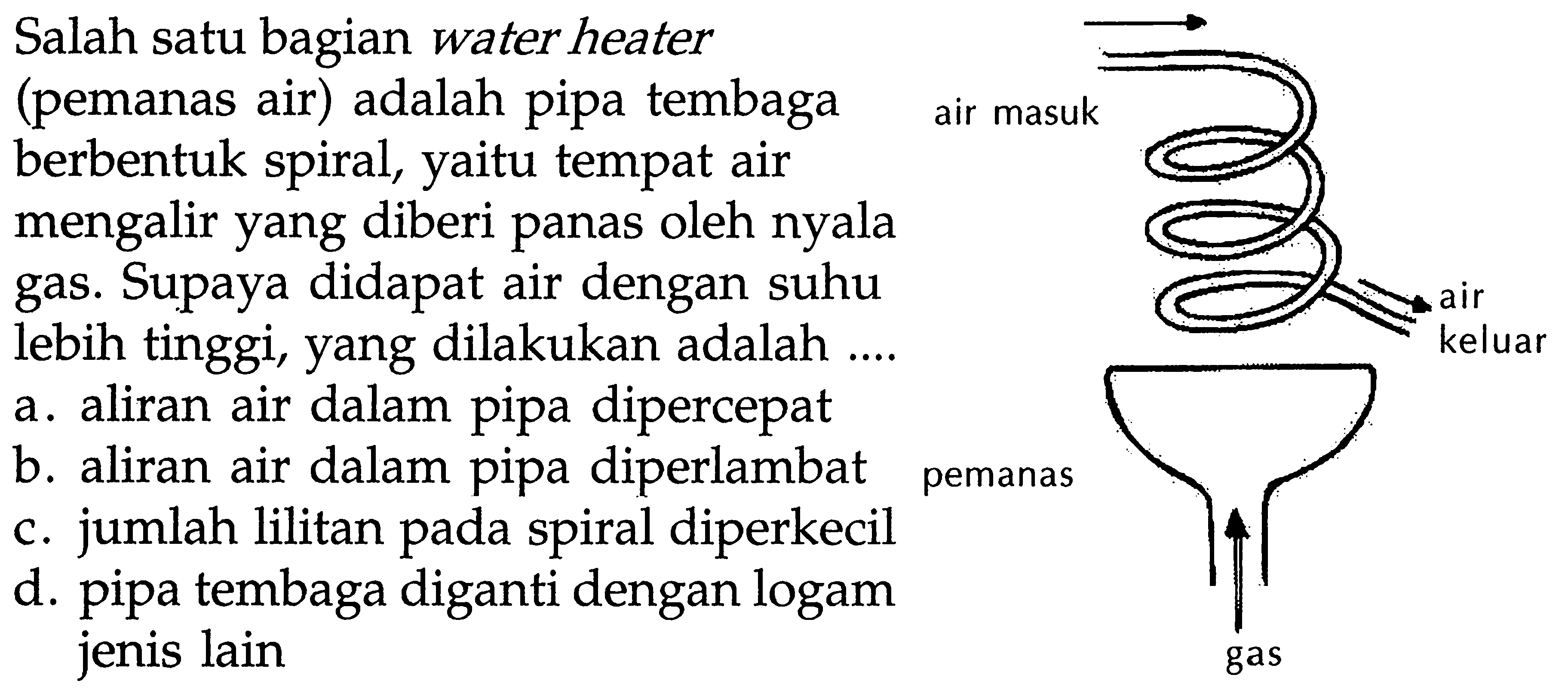 Salah satu bagian water heater
(pemanas air) adalah pipa tembaga air masuk berbentuk spiral, yaitu tempat air mengalir yang diberi panas oleh nyala gas. Supaya didapat air dengan suhu lebih tinggi, yang dilakukan adalah ....
