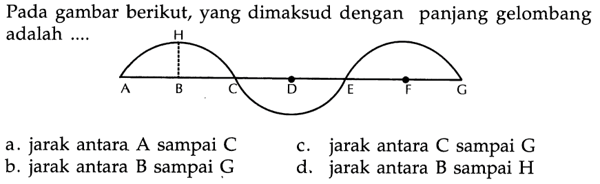 Pada gambar berikut, yang dimaksud dengan panjang gelombang adalah .... H A B C D E F G a. jarak antara A sampai C b. jarak antara B sampai G c. jarak antara C sampai G d. jarak antara B sampai H 