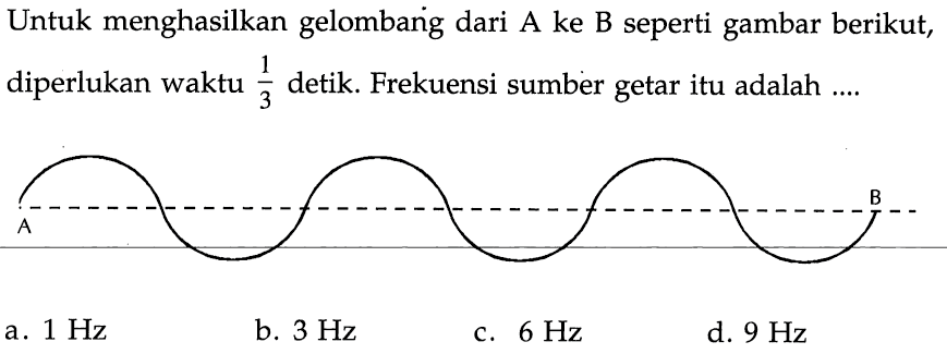 Untuk menghasilkan gelombanig dari A ke B seperti gambar berikut, diperlukan waktu 1/3 detik. Frekuensi sumber getar itu adalah .... AB
