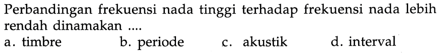 Perbandingan frekuensi nada tinggi terhadap frekuensi nada lebih rendah dinamakan .... 