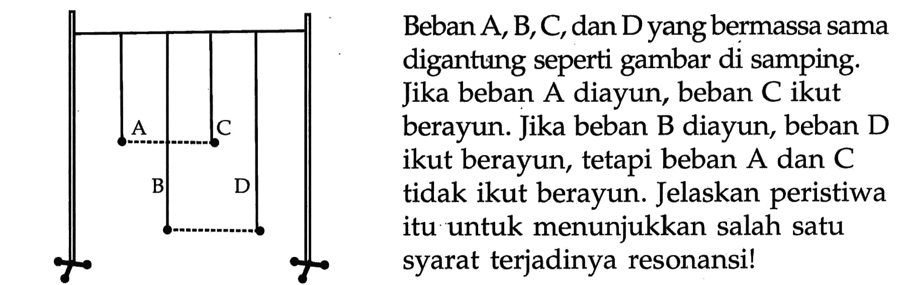 Beban A, B, C, dan D yang bermassa sama digantung seperti gambar di samping. Jika beban A diayun, beban C ikut berayun. Jika beban B diayun, beban D ikut berayun, tetapi beban A dan C tidak ikut berayun. Jelaskan peristiwa itu untuk menunjukkan salah satu syarat terjadinya resonansi! 
A C B D