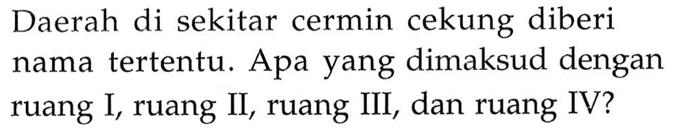 Daerah di sekitar cermin cekung diberi nama tertentu. Apa yang dimaksud dengan ruang I, ruang II, ruang III, dan ruang IV?