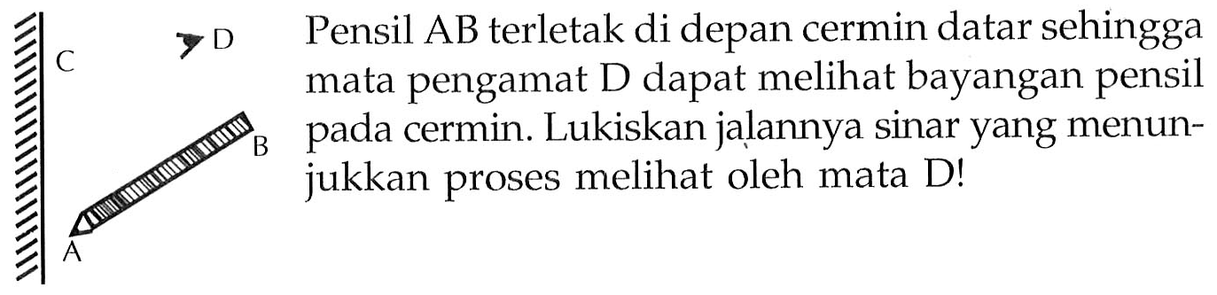 A B C D Pensil  AB  terletak di depan cermin datar sehingga mata pengamat  D  dapat melihat bayangan pensil pada cermin. Lukiskan jalannya sinar yang menunjukkan proses melihat oleh mata D!