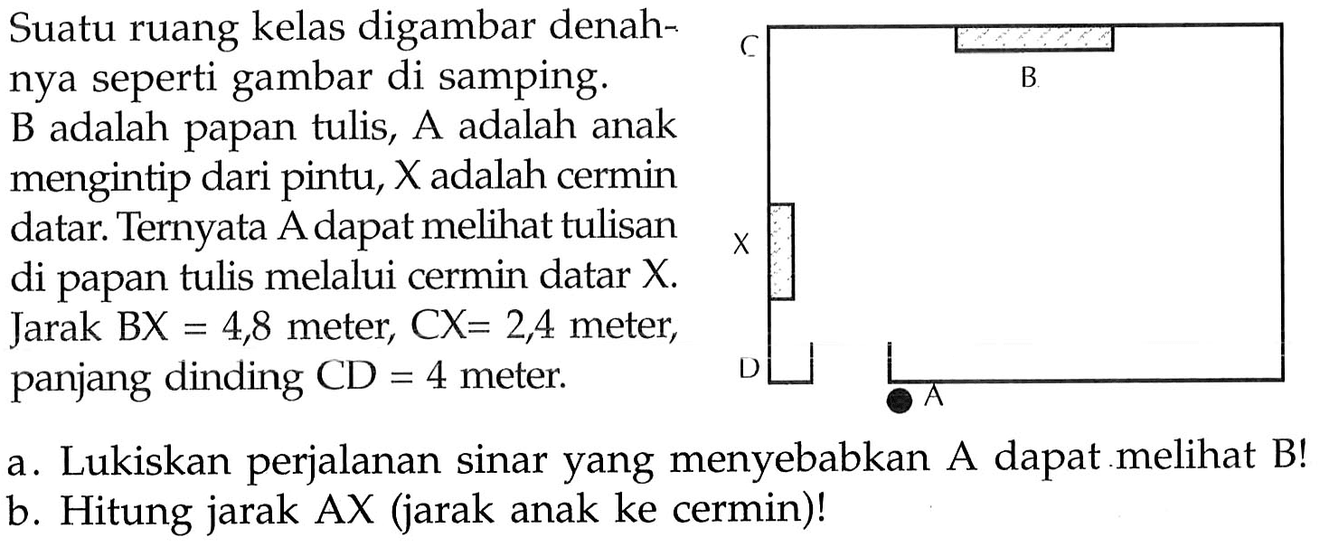 Suatu ruang kelas digambar denahnya seperti gambar di samping. B adalah papan tulis, A adalah anak mengintip dari pintu,  X  adalah cermin datar. Ternyata A dapat melihat tulisan di papan tulis melalui cermin datar X. Jarak BX=4,8 meter,  CX=2,4  meter, panjang dinding CD=4 meter.
a. Lukiskan perjalanan sinar yang menyebabkan A dapat melihat B!
b. Hitung jarak AX (jarak anak ke cermin)! A B C D X 