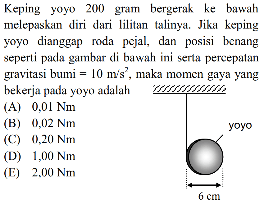 Keping yoyo 200 gram bergerak ke bawah melepaskan diri dari lilitan talinya. Jika keping yoyo dianggap roda pejal, dan posisi benang seperti gambar di bawah ini serta percepatan pada gravitasi bumi = 10 m/s^2, maka momen gaya yang bekerja pada yoyo adalah yoyo 6 cm