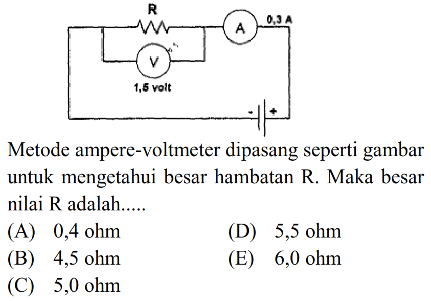 R A 0,3 A V 1,6 volt - +  Metode ampere-voltmeter dipasang seperti gambar untuk mengetahui besar hambatan R. Maka besar nilai R adalah...