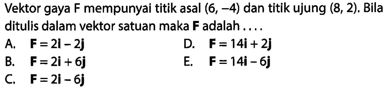 Vektor gaya F mempunyai titik asal (6, -4) dan titik ujung (8, 2). Bila ditulis dalam vektor satuan maka F adalah ...