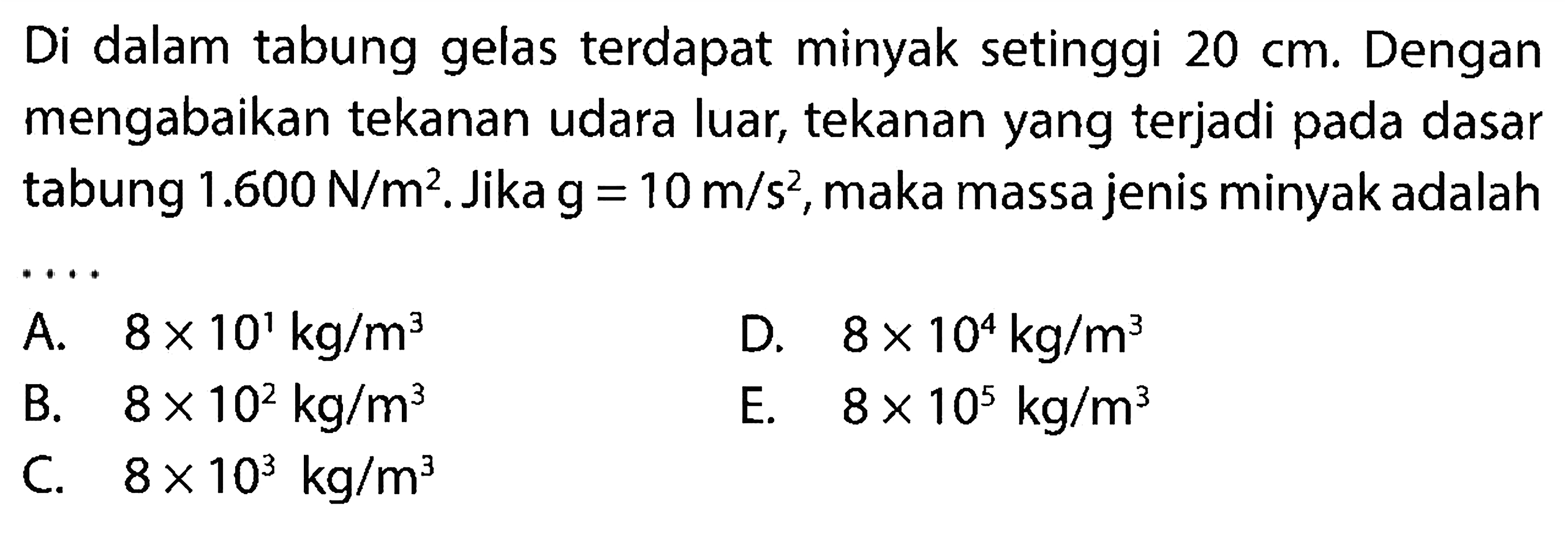 Di dalam tabung gelas terdapat minyak setinggi 20 cm. Dengan mengabaikan tekanan udara luar, tekanan yang terjadi pada dasar tabung 1.600 N/m^2. Jika g=10 m/s^2, maka massa jenis minyak adalah...  