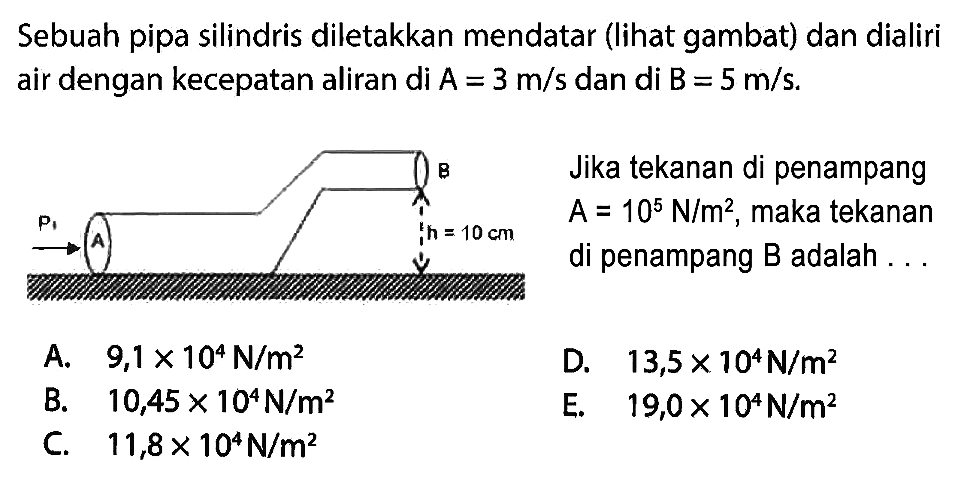 Sebuah pipa silindris diletakkan mendatar (lihat gambat) dan dialiri air dengan kecepatan aliran di A=3 m/s dan di B=5 m/s. Jika tekanan di penampang A=10^5 N/m^2, maka tekanan di penampang B adalah ... P1 A  B h=10 cm 