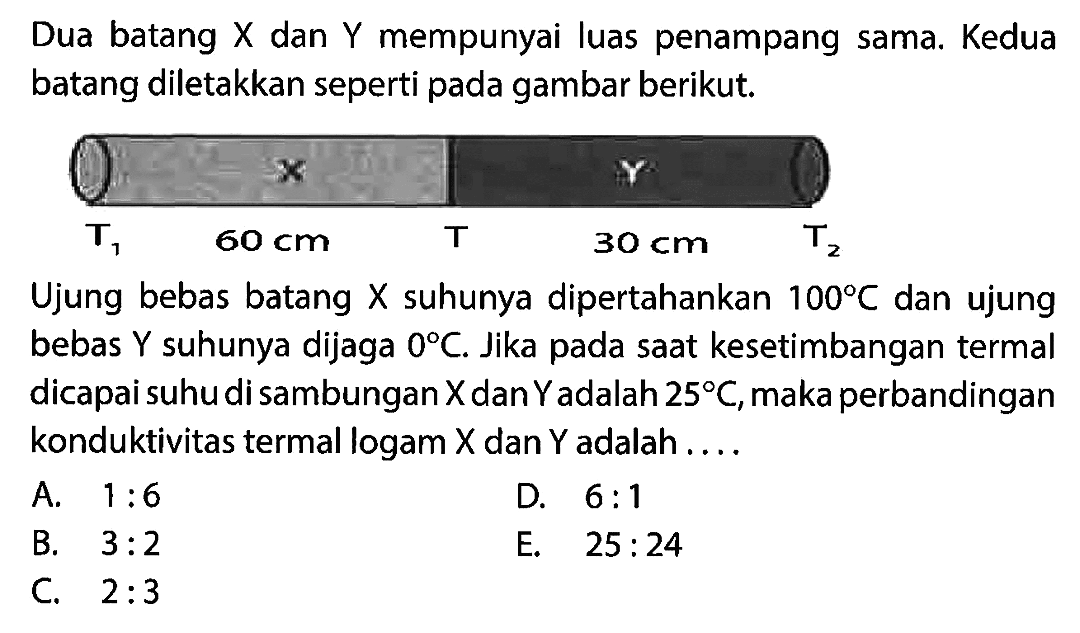 Dua batang dan X dan Y mempunyai luas penampang sama. Kedua batang diletakkan seperti pada gambar berikut. 
X Y T1 60 cm T 30 cm T2 
Ujung bebas batang X suhunya dipertahankan 100 C dan ujung bebas Y suhunya dijaga 0 C. Jika pada saat kesetimbangan termal dicapai suhu di sambungan X dan Y adalah 25 C, maka perbandingan konduktivitas termal logam X dan Y adalah 
A. 1 : 6 D. 6 : 1 B. 3 : 2 E. 25 : 24 C. 2 : 3